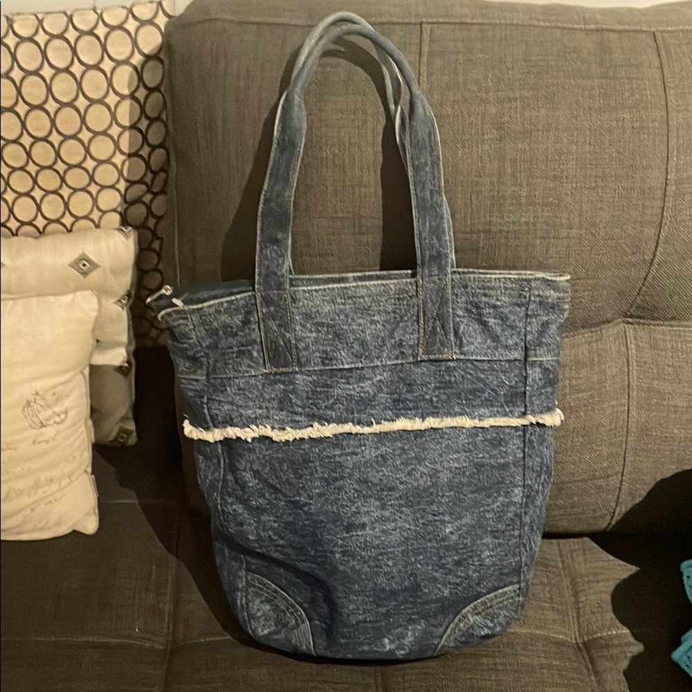 Denim Textured Tote Bag with fringe.